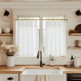 jinchan Linen Pinch Pleated Kitchen Curtains 36 Inch 2 Panels, Natural Linen Tier Curtains Back Tab Beige Farmhouse Cafe, Light Filtering Small Window Drapes for Bathroom Laundry Room Off White