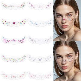 10Pcs Face Makeup Patches, Butterfly Flowers Freckles Face Tattoo, Colorful Temporary Tattoo, Sparkle Makeup Patches for Kids, Waterproof Face Glitter Freckles Patches for Women Girls