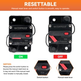 Woolonas 50A Amp Circuit Breaker, Audio Circuit Breaker with Manual Reset, 12V-48V DC Waterproof, Circuit Protector for Car Rv ATV Marine Trolling Motors Boat Truck, with Wire Lugs, Heat Shrink Tube