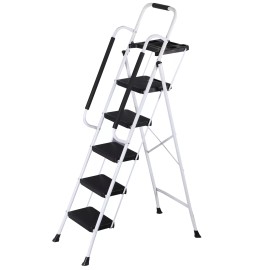 SEGAWE 5 Step Ladder with Handgrip 330Lbs Steel Step Stool Folding Ladder Anti-Slip