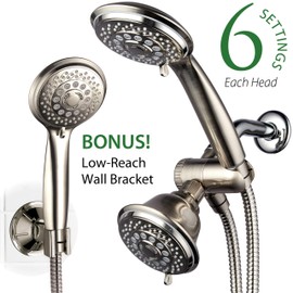 Hotel Spa AquaSpa 6-in-1 High-Pressure Shower Head/Hand Held Showerhead Combo with Two Overhead and Low-Reach Wall Brackets, 3-way Water Diverter & Stainless Steel Hose/Brushed Nickel Finish