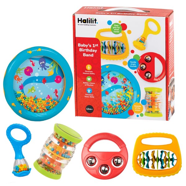 Halilit Baby's First Birthday Band Musical Instrument Gift Set. Includes Ocean Drum, Baby Maraca, Ring My Bell, Rainboshaker & Clip Clap. Music Sensory Baby Toy. Suitable for Boys & Girls 12 months +