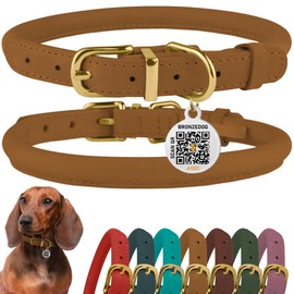 BRONZEDOG Rolled Leather Dog Collar with QR ID Tag, Adjustable Soft Round Collars for Small Medium Large Dogs Puppy Cats (Light Brown, 35-41cm)