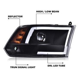 CNNELL LED Headlights Assembly Compatible with Dodge Ram 2009-2012 1500 2500 3500 Projector Headlamps Clear Lens Black Housing Amber Reflector Pair