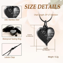 Minicremation Heart Urn Necklace Pendants for Ashes Angel Wings Cremation Jewelry for Women Men Keepsake Memorial Ash Jewelry Always in my Mind Forever in my Heart (Black)