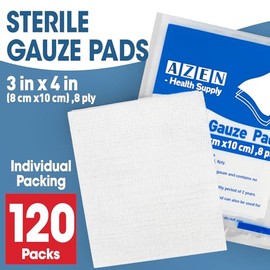 AZEN 120 Pack Sterile Gauze Pads, 3" x 4" Non Stick Gauze Pads, 8-Ply Cotton Gauze Sponges for Wound Care and First Aid, Highly Absorbent Individually