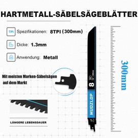 MUOZLOP 300 mm, 8TPI Carbide Reciprocating Saw Blades, Pack of 3 Carbide Saw Blades for Tough Steel, Cast Iron, Thick Metal (3, 8T/300 mm)