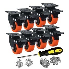 ASHGOOB 2" Caster Wheels Set of 8, Heavy Duty Casters with Brake, No Noise Locking Casters with Orange Polyurethane (PU) Wheels, Swivel Plate Castors Pack of 8