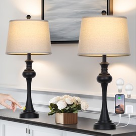 CINSARY 28.75" Black Table Lamps Modern 3-Way Dimmable Bedside Lamp with USB A+C Ports & AC Outlets for Living Room Bedroom Nightstand Lamp,Beige Fabric Shade Mid Century Accent Style