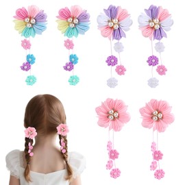 6 Pcs Flower Hair Clips, Hair Bows for Girls, Colorful Flower Ribbons Alligator Clips with Long Tassels, Pendants Barrettes Hair Accessories for Girls, Toddler, Teens, Women (D+E+F)