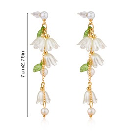 Leaf Flower Earrings Dangle, White Floral Earrings Fairy Earrings for Women Dangling Statement Lily of the Valley Earrings Long Orchid Drop Earrings Jewelry for Girls
