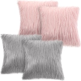 Irenare 4 Pack Faux Fur Throw Pillow Covers Square Cushion Cover Fuzzy Pillow Case Soft Decorative Pillowcase for Sofa, Couch, Chair, Bed, 16 x 16 Inch (Pink, Gray)