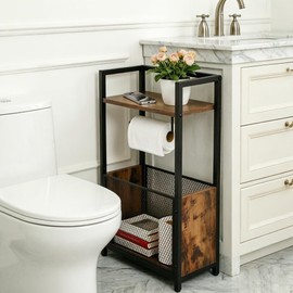 FANTERSI Toilet Paper Holder Free Standing, Black Toilet Paper Holder Stand, Freestanding Toilet Paper Holder for Bathroom Tissue Holder Roll Holder, Magazines, Wipes