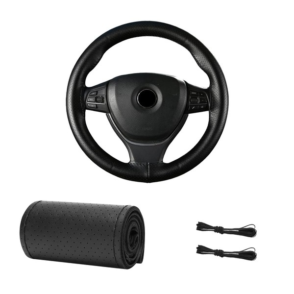 BWBWND Genuine Leather Steering Wheel Cover, 15 Inch Breathable DIY
