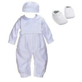 Cinda 3 Piece Boys Satin Christening Romper Hat Bib and Shoes, White, 3-6 Months