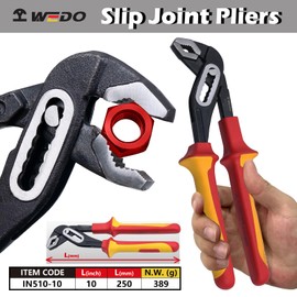 WEDO Tongue-and-Groove pliers 10" Insulated, VDE 1000V Slip Joint Pliers, curved jaw Groove Joint Pliers, Water Pump Pliers with Chrome Vanadium Steel Body and Dual Material Anti-Slip Handles