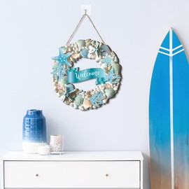 Wesiti Winter Welcome Wooden Coastal Shell Wreath Beach Cabinet Decor Coastal Wreath for Front Door Starfish and Seashells for Winter Porch Outdoor