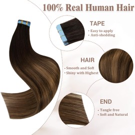 Lveyan Tape in Hair Extensions Human Hair, 16 Inch Dark Brown to Chestnut Brown/Dark Brown Remy Human Hair Skin Weft 20pcs 50g/pack Invisible Tape in Hair Extensions (#T2-P6/2, 16 Inch)