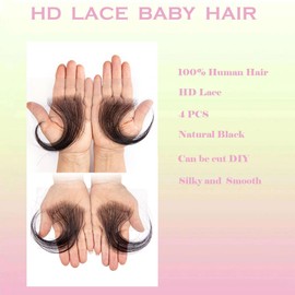 Edges Hair Top Swiss HD Lace 100% Real Human Hair Reusable Breathable Invisible Lace Hairline Stripes Natural Black Curly Baby Hair for Women (4pcs)