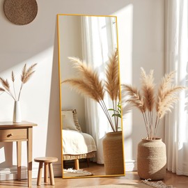 Aluminum Frame Full Length Mirror, Mirrors Full Length for Home Wall Decor, Floor Mirror with Stand, Large Mirrors 64"×21" for Bedroom Bathroom Décor, Gold