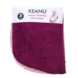 Keanu Pack of 3 Luxury Hair Turban Towels, Hair Drying Towel with Loop and Button Fastener, 100% Cotton, 64 x 23cm - Berry, Lilac, Pink