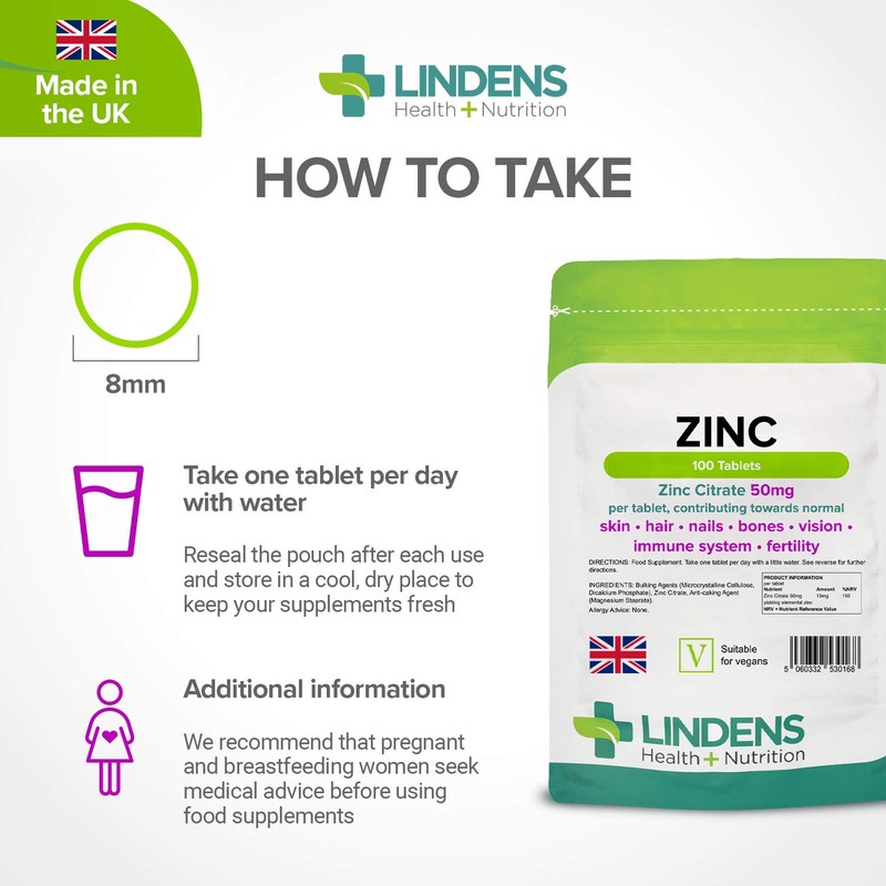 Lindens Zinc Citrate 50mg - 100 Vegan Tablets - Immune