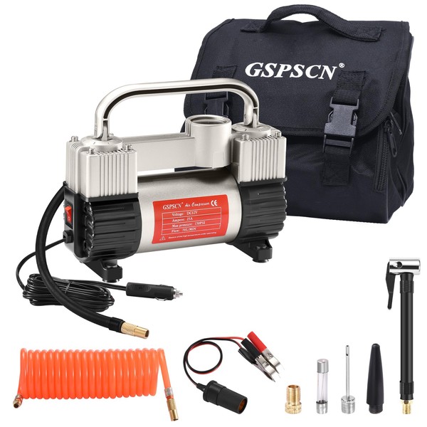 GSPSCN Silver Tire Inflator Heavy Duty Double Cylinders with Portable Bag, Metal 12V Air Compressor Pump 150PSI with Adapter for Car, Truck, SUV Tires, Dinghy, Air Bed etc