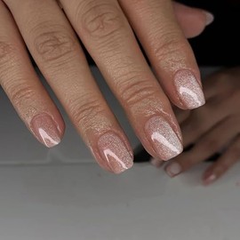 SXVME Uñas postizas cuadradas cortas con efecto ojo de gato, color rosa nude, acrílicas, con pegamento, opacas y con purpurina (30 unidades) para muje