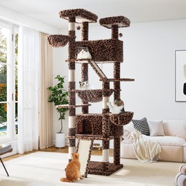 Allewie 81 Inches Tall Cat Tree/Multi-Level Large Climbing Tree House and Towers for Big Feline/Condo and Hammock/Scratching Post/Wide Base/Leopard Print