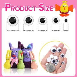 TOAOB 800pcs Black Plastic Googly Wiggle Eyes Self Adhesive Round 6mm 8mm 10mm 12mm 15mm Mixed Assorted Sizes Sticker Eyes for DIY Crafts Scrapbooking Home Decoration