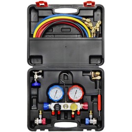 JIFETOR 4 Way AC Manifold Gauge Set, HVAC Diagnostic Refrigerant Charging Tool for Auto Household R404A R134A R410A, with 5FT Hose, Adjustable Quick Coupler, Adjustable Can Tap, R410A Adapters