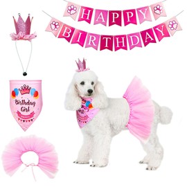 ADOGGYGO Dog Birthday Bandana Girl - Birthday Party Supplies - Pink Tutu Skirt Crown Hat Scarf Happy Birthday Banner Dog Girl Birthday Outfit for Pet Puppy Cat Girl