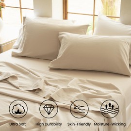 BISELINA 100% Washed Cotton Sheet Set Full Size 4 Pieces Soft Breathable Durable Chic Bedding Set for All Season - Sandy Beige, Full