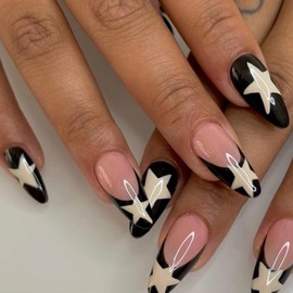 Pack of 24 Almond Press On Nails, Medium, Black French Artificial Nails, White Pentagram False Nails, Acrylic Nails for Sticking on with Design, Glossy Fingernails, Fake Nails for Women and Girls