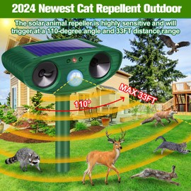 Ultrasonic Animal Repellent Outdoor, 2024 Newly Solar Powered Animal Repeller, Waterproof Cat Repellent Outdoor with Motion Sensor to Repel Squirrels, Raccoon, Rabbit, Fox & Skunk Out of Yard, Garden