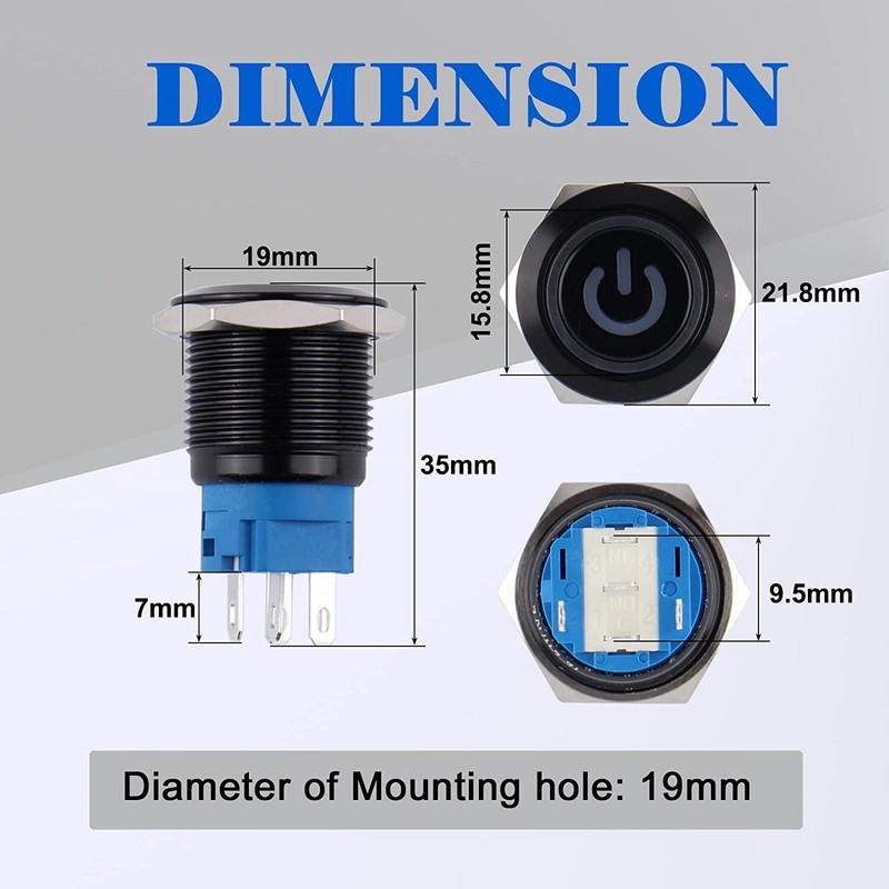 JIQI 19mm 2Pcs Waterproof 12V-24V Momentary Push Button Switch 1NO