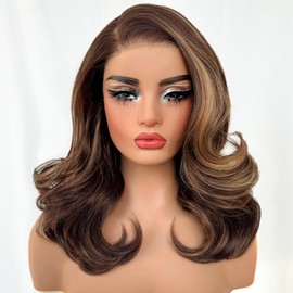 SOKU 13x6 Glueless Lace Front Wigs - Highlight Blonde Body Wave 18 Inch Short Synthetic Hair Wig, Pre Plucked Pre Layered Honey Blonde Wavy Wig for Women, Beginner-Friendly with Tiny Knots