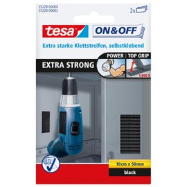 tesa UK On and Off Hook and Loop Extra Strong Strips for Heavy Objects 10 cm x 50 mm - Black