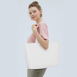 KALIDI Tote Bag Zipper Shoulder Bag Faux Leather Purses for Women Large Casual Handbag Work Dating College, White