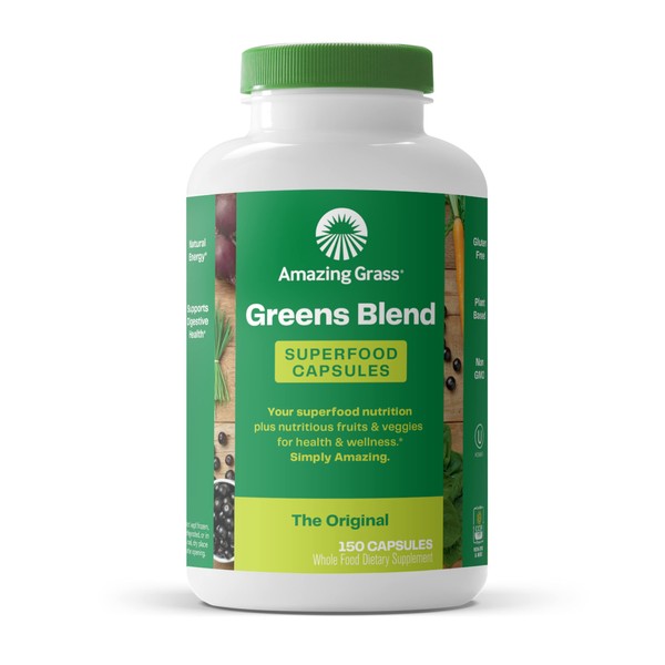 Amazing Grass Greens Blend Superfood Capsules: Super Greens with Organic Spirulina, Chlorella, Beet Root Powder, Digestive Enzymes & Probiotics, 150 Capsules (Packaging May Vary)