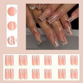 Long Press on Nails Square Fake Nails with Silver Lines Designs Nail Press ons Nude False Nails Glue on Nails Stick on Nails Glossy Acrylic Nails Sparkly Artificial Nails for Women Girl Manicure 24Pcs