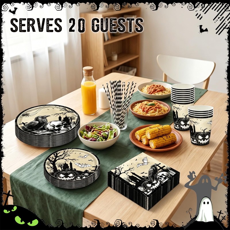 Halloween Party Tableware Set for 20 Guests, Party Decors Dinnerware