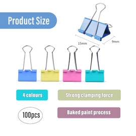 100pcs Binder Clips, 15mm Colored Metal Binder Clips, Small Bulldog Clips Foldback Clips Mini Metal Bulldog Clips, Coloured Metal Foldback Clamps Coloured Stationery File Money Paper Clamps(4 Color)