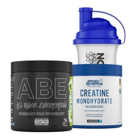 Applied Nutrition Bundle ABE Pre Workout 375g + Creatine 250g + 700ml Protein Shaker | All Black Everything Pre Workout Powder, Energy & Performance with Creatine, Beta Alanine (Sour Apple)