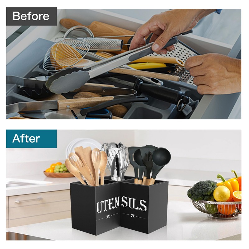 Suli Extra Large Kitchen Utensils Holder with 3 Compartments,Corner Utensil