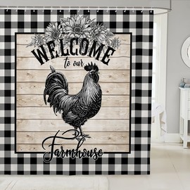 Farmhouse Chicken Fabric Shower Curtain,Sunflowers Floral Animal Shower Curtain for Bathroom Stalls,Retro Board Black White Plaid Waterproof Bath Curtains with Hooks, 72Wx78L inch