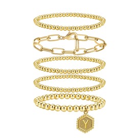 shownee Gold Beaded Bracelet for Women - 14K Real Gold Plated Bead Bracelet Stretchable Elastic Chain Ball Bracelet Kit Jewelry Gifts with Letter Pendant Y