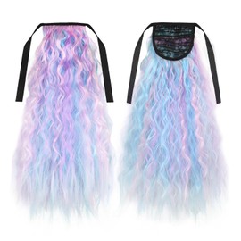 Clip in Ponytail Extension with Tie 20 Inch Long Wavy Curly Wrap Around Pony Tail Hair Synthetic Ponytail Hair Extainson for Girl (Mix Color B)