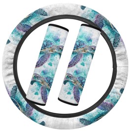 SEANATIVE Blue Turtle Flannel Car Accessories Set Fluffy Elastic Car Steering Wheel Cover with Thickened and Warm 2 Pcs Seat Belt Cover Pad Auto Interior Winter, Full Set of 3