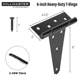 HILLMASTER 6 Inch T-Strap Heavy Duty Shed Door Hinges Gate Strap Hinges Black Tee Hinge Wrought Hardware for Wooden Fences,Yard,Barn Door,Rustproof(2 Pack)